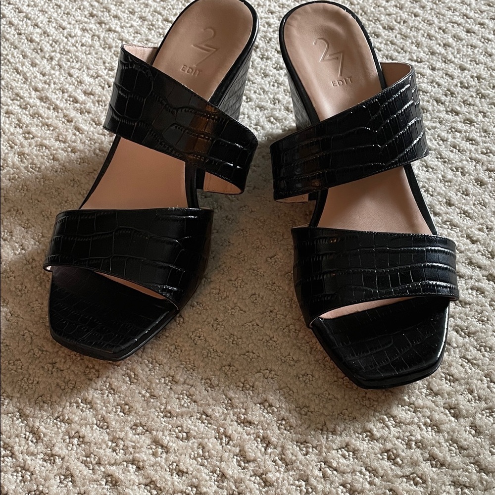 27 EDIT Black Croc-Embossed Mules